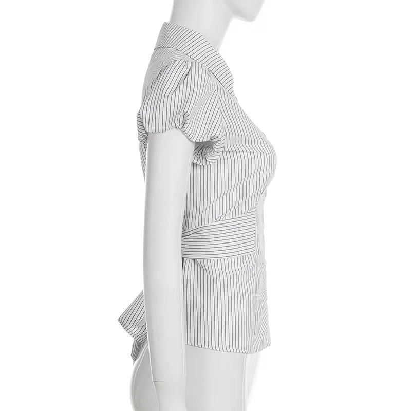 Summer Stripe ButtonUp Shirt Slimming Waist Design Belted FlipCollar Short Sleeve European And American Crossbody Chic Girl's Sh