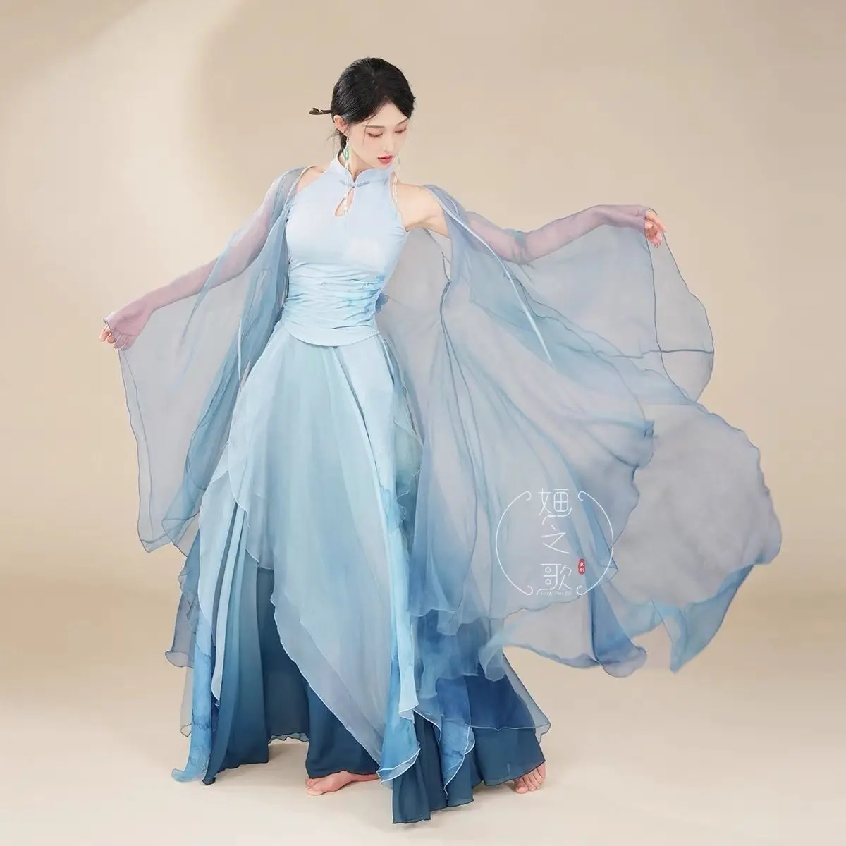 Classic Dance Dress The Song of Dew Clear Lotus Blossoms Ink Dyeing Embroidery Lotus Fairy Elegance Big Sleeves Dancewear