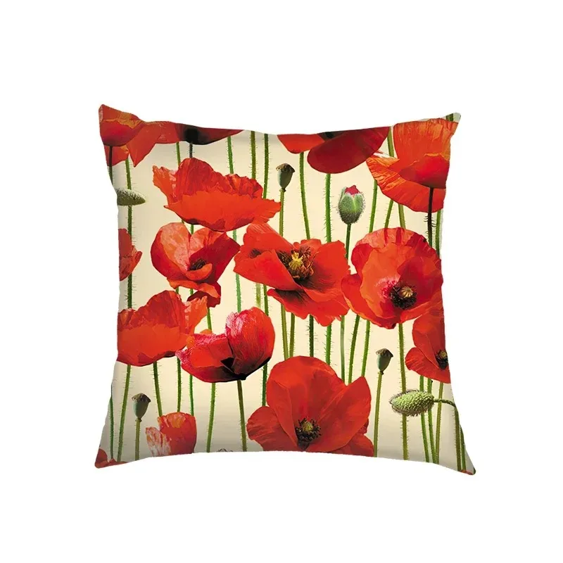 Red Poppy Flower Cushion Cover Floral Botanical Print Throw Pillow Case for Living Room Sofa Bed Spring Summer Home Decor 40x40