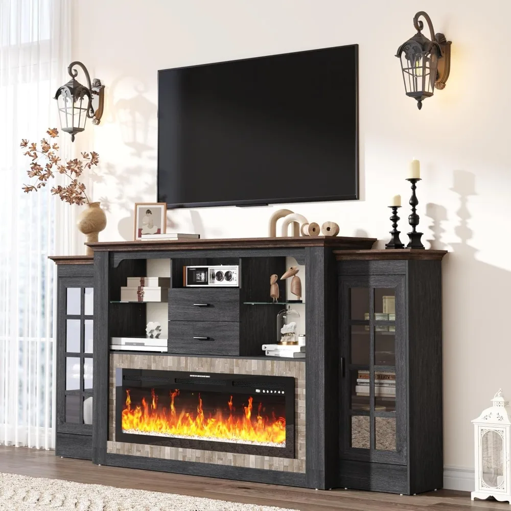 85 Electric Fireplace with Mantel, Fireplace TV Stand w/42 Electric Fireplace for 65 Inch TV with Power Outlets, Farmhouse Enter