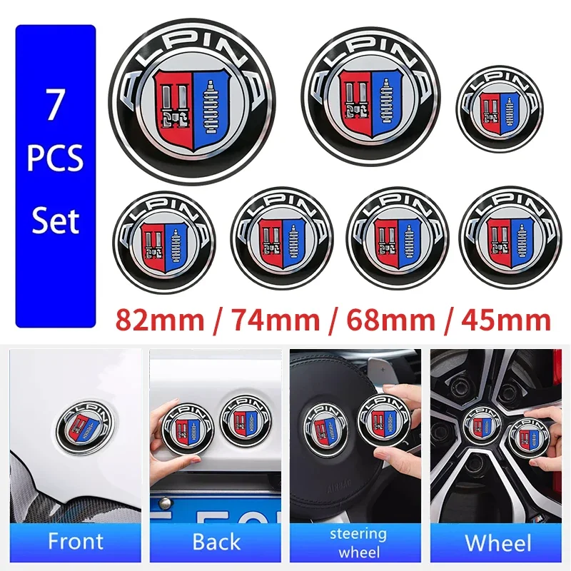 7 Stück Fronthauben-Emblem, Auto-Logo, 82 mm, hinteres Abzeichen, 74 mm Radnabenkappe, 68 mm Dekoration, Abdeckung, Styling für ALPINA Autozubehör