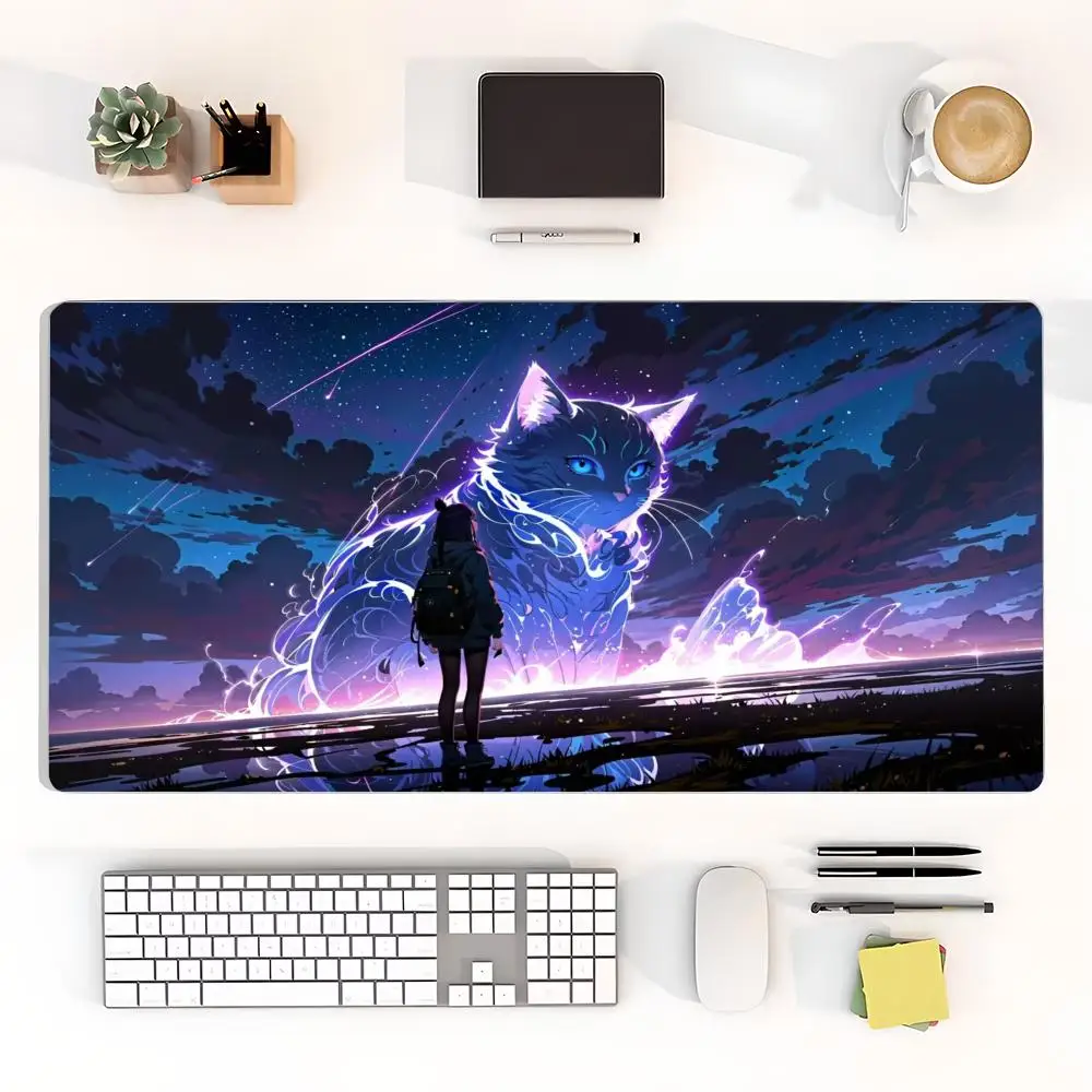 Cloudy Blue Cat Desk Mat Fresh Dreamy Style Premium Bound Edge Large Size Anti-Slip Keyboard Pad for Laptop