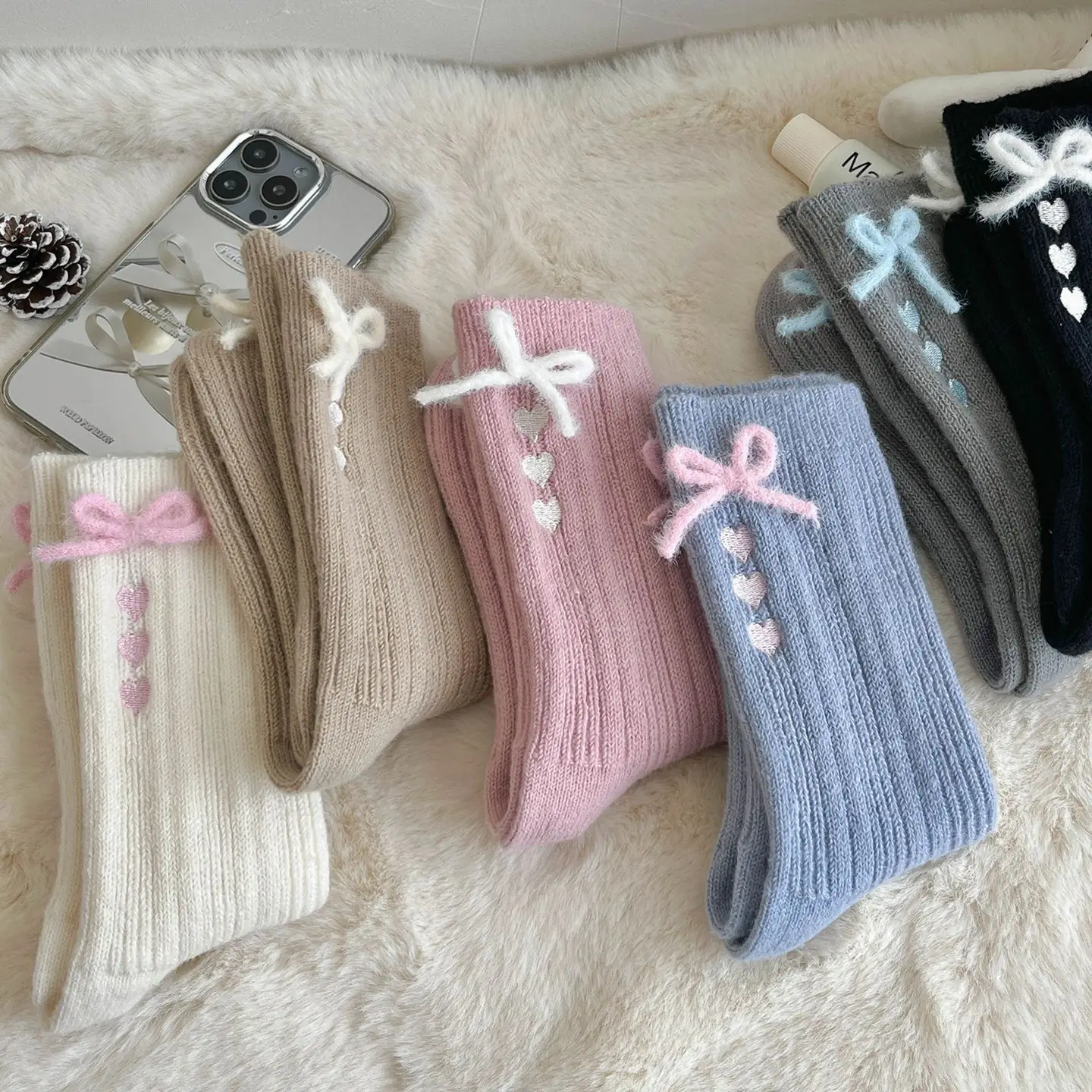 

Hello kitty Cute Butterfly Knot Student Mid-Calf Socks Women's Summer Thin Breathable Korean Style Sweet Bubble Edge Lace Socks