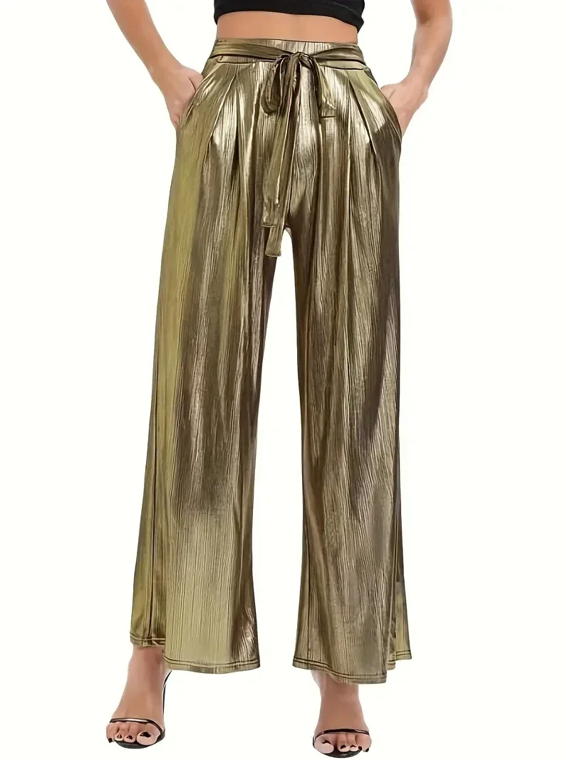 Pocket Wide Leg Pants, Casual Solid Color Belted High Waist Pants, Suitable for Spring and Autumn Season, Women's Clothing