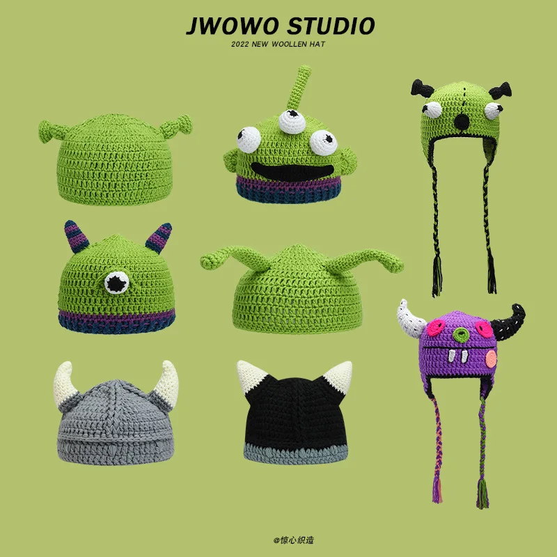 New Shrek Wool Hat Women Autumn and Winter Funny Cartoon Cute Green Knitted Hats Couple Cap beanies