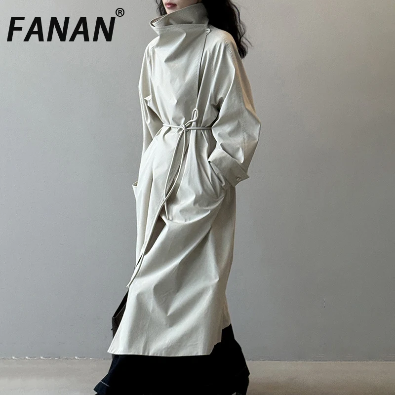 FANAN Women High Stand Collar Trench Coat Side Open Wrap Design Drawstring Waist Belt Loose Oversized Windbreaker Autumn New