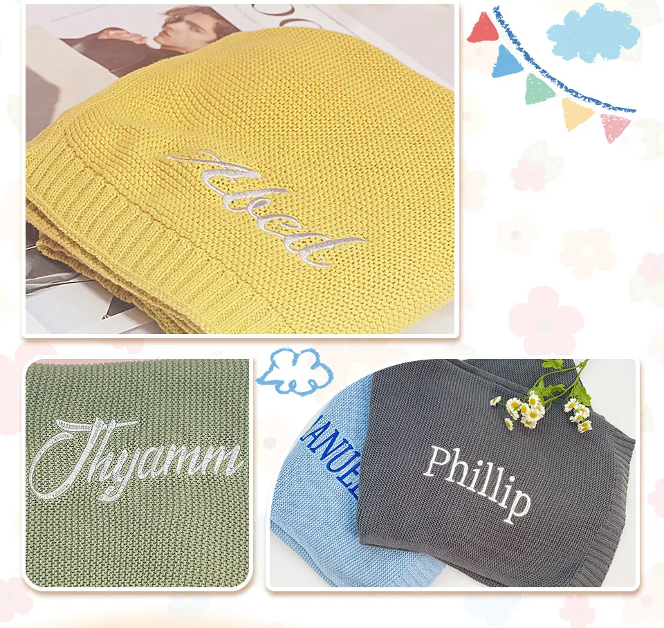 100% Baumwoll-Strickdecke für Babys, personalisierbar mit Namen, weiche, atmungsaktive Puckdecke für Säuglinge, individuelle Neugeborenen-Wickeldecke, Geschenk – Detail 6