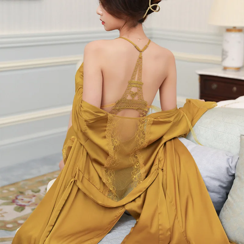 

Solid Color Robe Set Nightgown Lace Backless Sexy Sleep Suit Home Clothes Long Sleeve with Chest Cushion 2Pcs Women Kimono