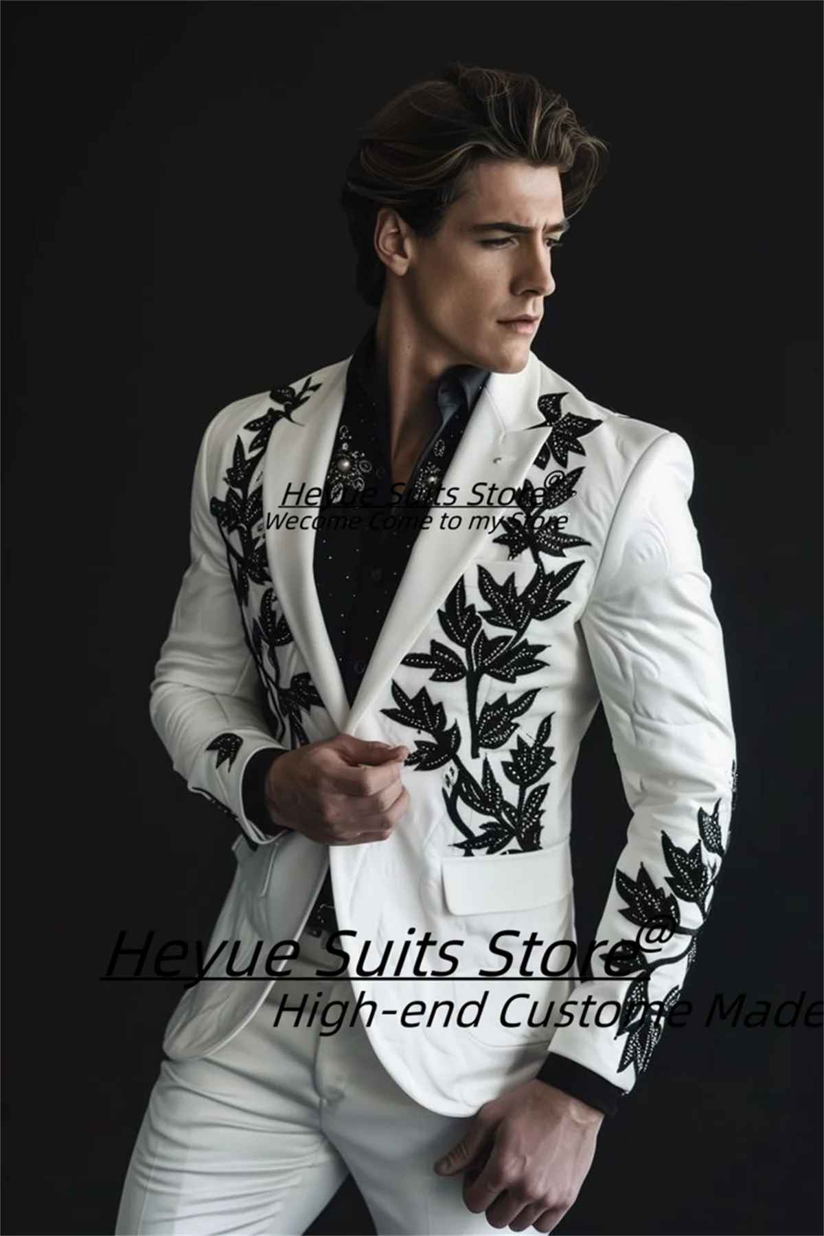 

Fashion Bead embroidery Men Suits Customized Slim Fit Peak Lapel Groom Wedding Tuxedos 2 Pcs Sets Male Prom Blazers Ropa Hombre