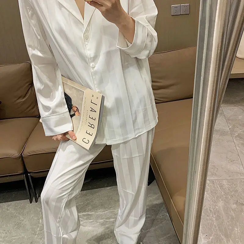 Women\'s Spring and Fall Two-Piece Set Pajamas Ice Silk Fashion Striped Simple Casual Temperament Sweet Homewear Ladies Clothes