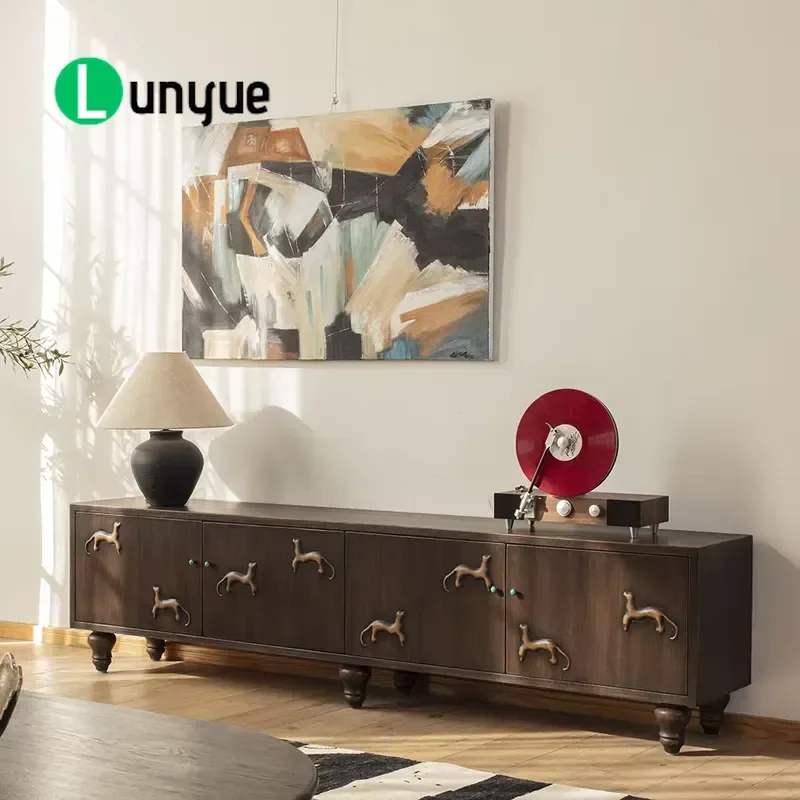 Wabi Style Farmhouse Retractable Wood TV Cabinet 4 Door Storage Locker for Living Room Bedroom Modern Minimalist Furniture