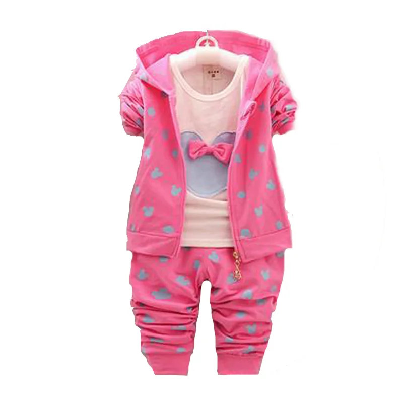 Spring Autumn Girls Clothing Set Cartoon Minnie Hooded Jacket T-Shirt Pants 3Pcs Outfit Kids Tracksuit Suit Children Clothes