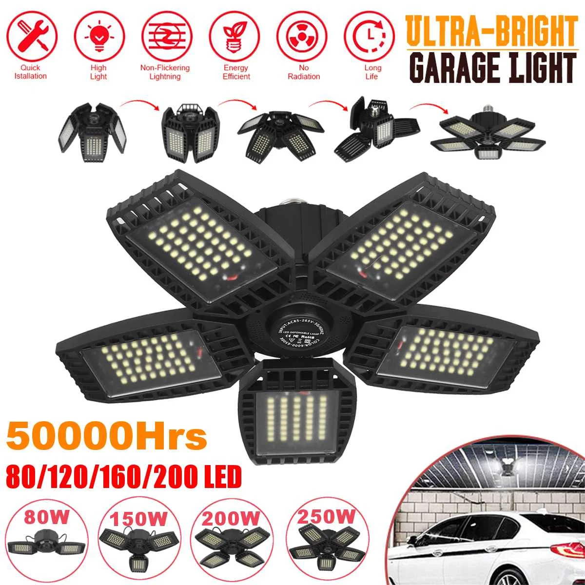 250W/200W LED Garage Light E26/E27 Deformable Ceiling Light Warehouse Lighting Bulb with 5 Adjustable Panels For Home Workshop