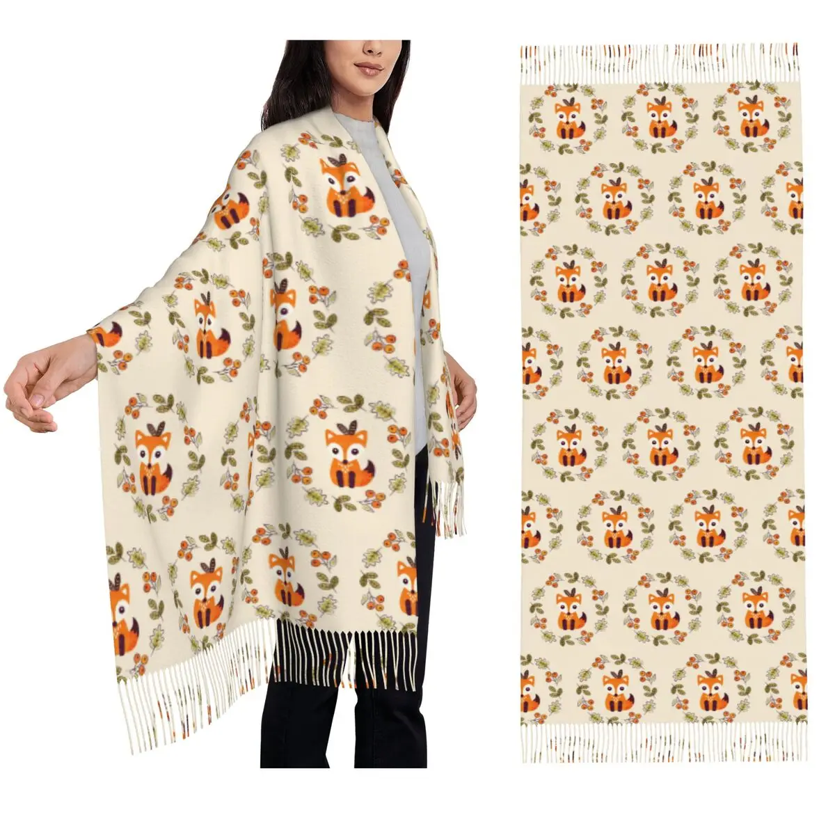 

Маленькая лиса с осенними ягодами, шарф, шарфы с кисточками, женские мягкие теплые шали и накидки, длинная осенне-зимняя шаль