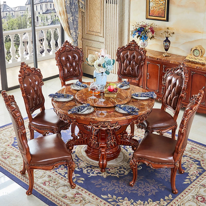 

Marble dining table and chair combination luxury solid wood American antique solid wood round dining table