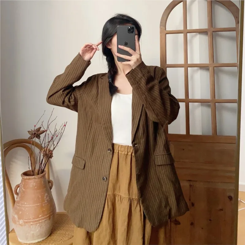 Johnature Vintage Striped Linen Suit Jackets 2024 Spring New Casual Turn-down Collar All Match Loose Button Women Coats