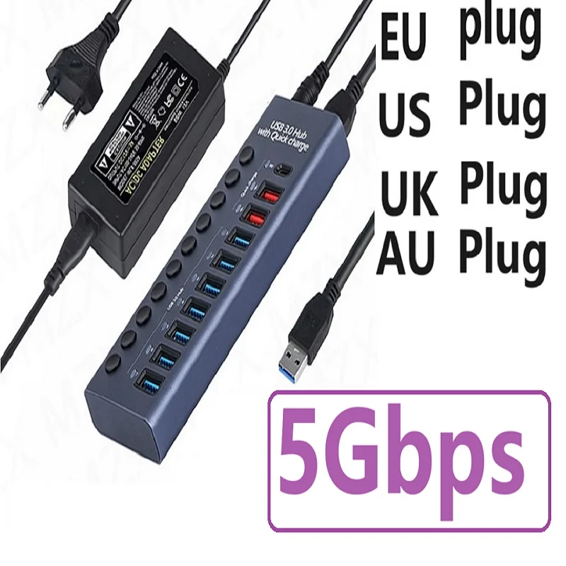 

US EU plug 10Ports USB 3.0 HUB Adapter Splitter Computer Extender Fast Charging PD Charger With Independent Switch For PC Laptop