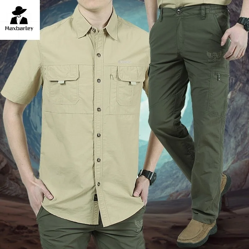 

Quick Dry Short Sleeve Shirt Men's suit Casual Pocket Shirt + Cargo Pants Summer Mountaineering Fishing 2 Piece Work Clothes