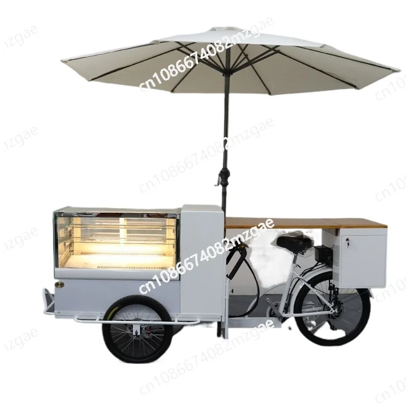 Mobile refrigerator, three wheeled fast food cart, square tiramisu shopping cart, commercial cake and dessert stall cart