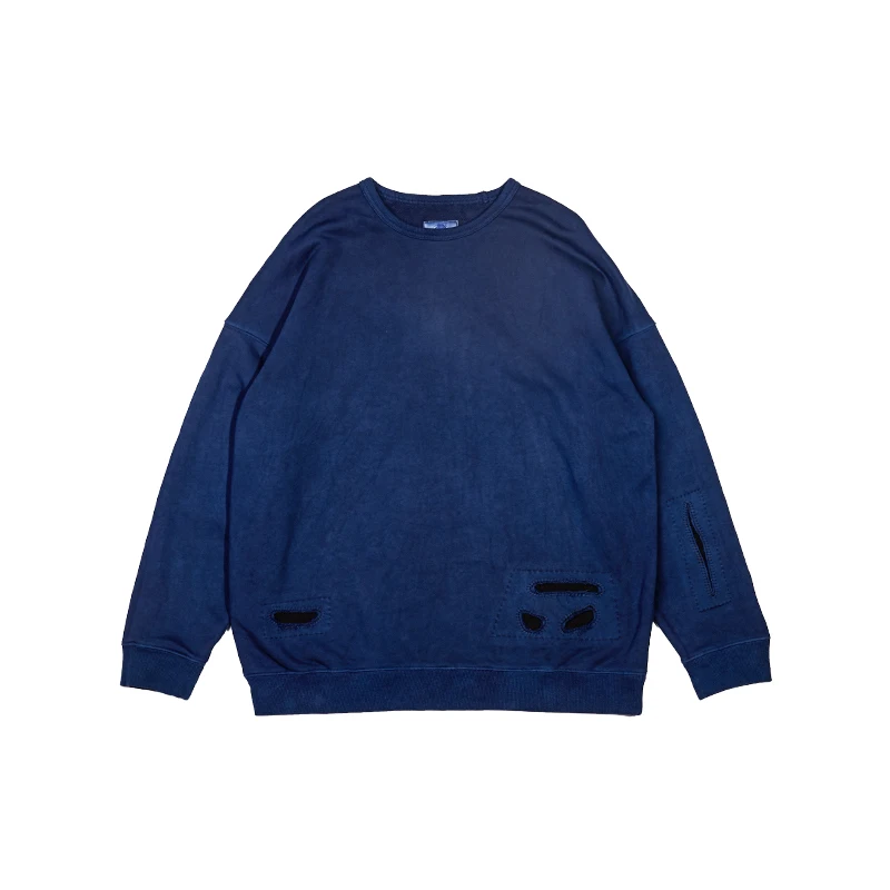 

Мужская модная одежда: винтажная толстовка ручной работы с длинным рукавом, круглым вырезом, в технике пэчворк и окрашивания по старинным методам, синяя, от известного бренда