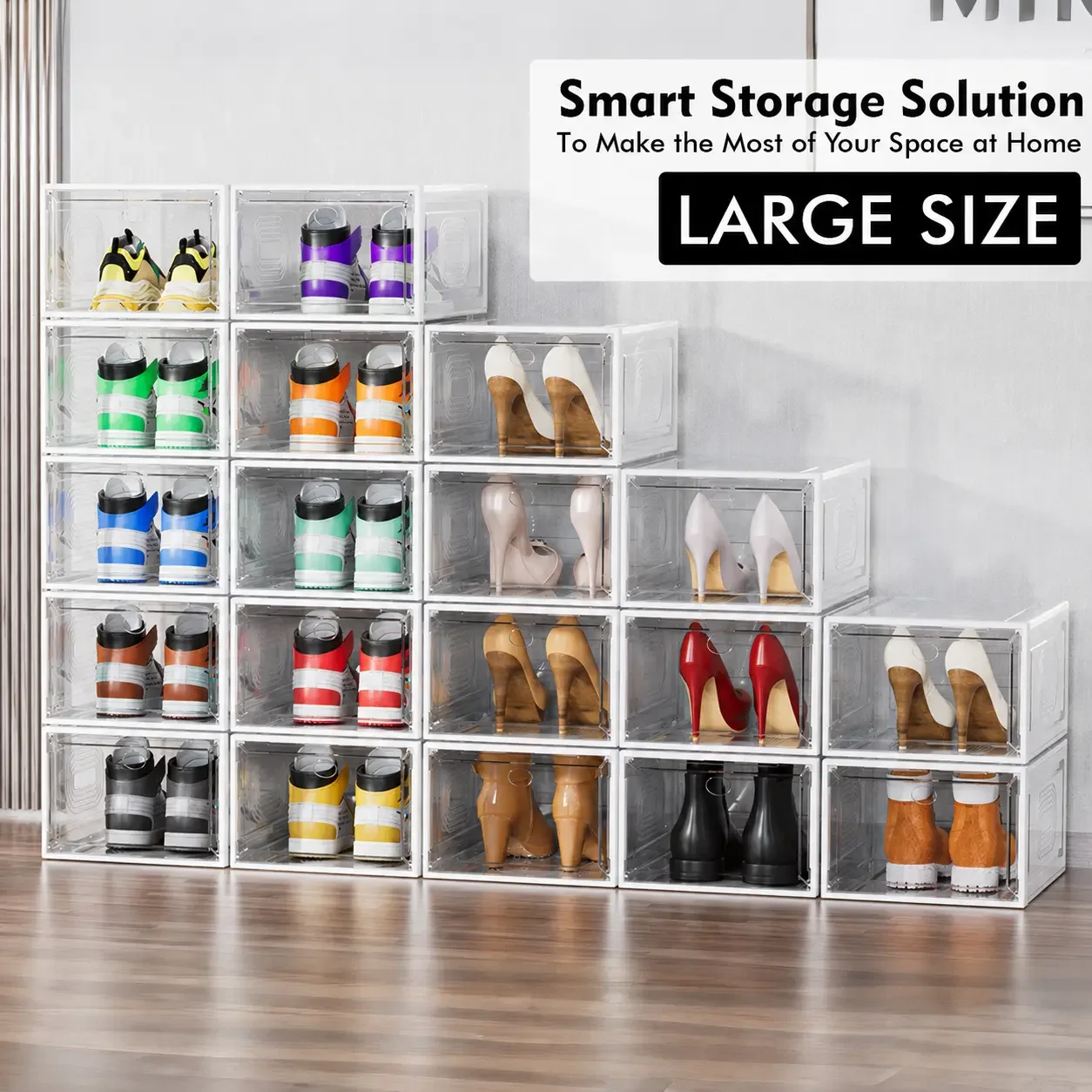 12‑Pack Thick Sturdy White Stackable Plastic Shoe Organizer Boxes, Upgraded Adjustable Storage Containers for Sneaker Display, Dorm & Home Decor