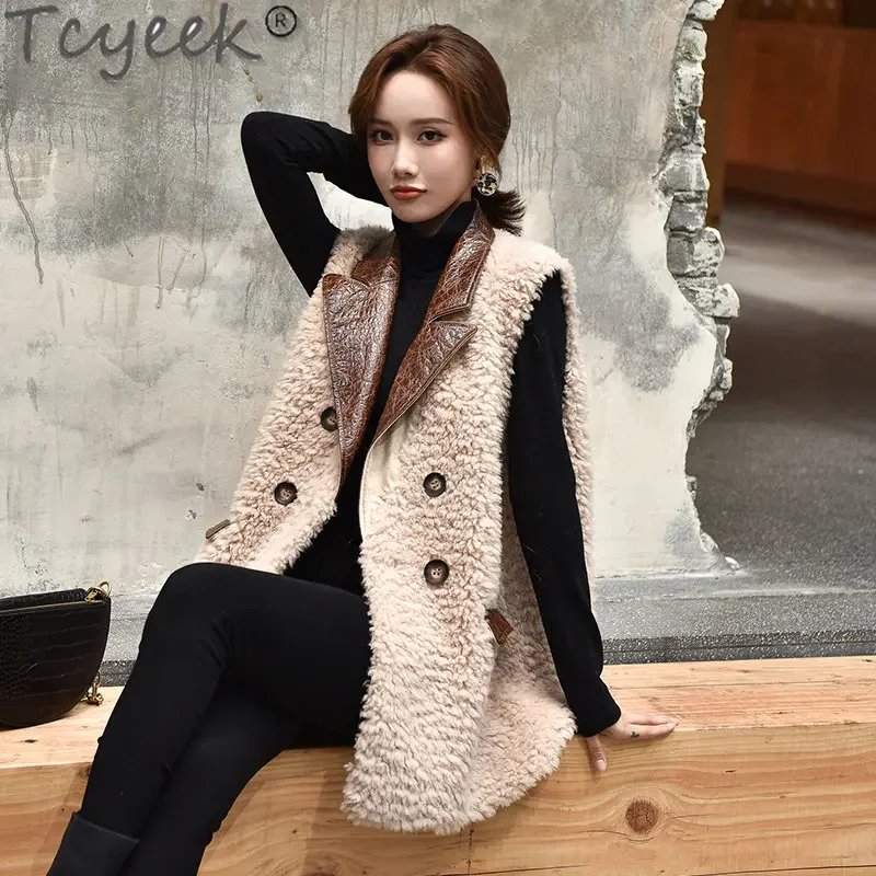 Tcyeek giacca senza maniche in lana 100% da donna autunno inverno abbigliamento donna moda calda tosatura di pecore cappotti giacche di pelliccia femminile 2023