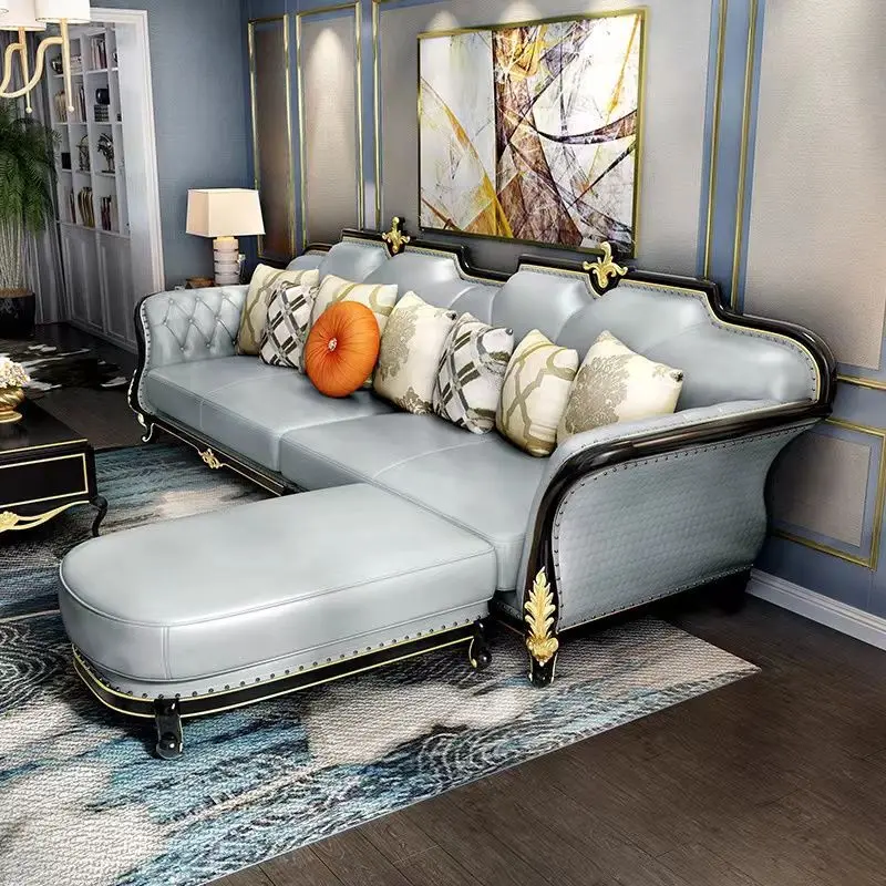 American light luxury sofa, living room solid wood European style, corner straight row of four people