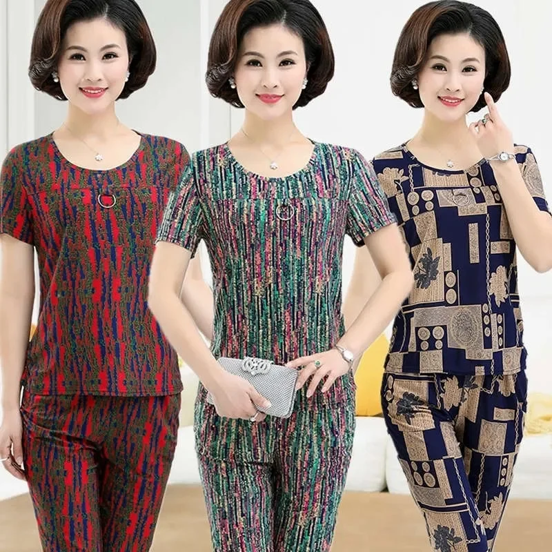 2 Pcs Sets Middle-aged and Elderly Women\'s Suits Vintage Fashion Print T-shirt Tops & Casual Pants Mother Summer Clothing 5XL