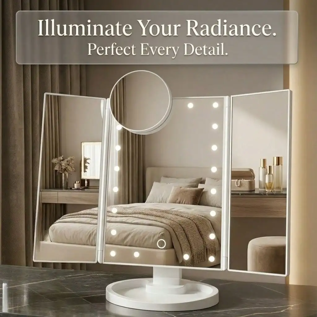 Makeup Mirror, Tri-Fold Lighted Adjustable Vanity Makeup Mirror With 21 LED Lights, Touch Screen And 10X/3X/2X/1X Magnification, Two Power Supply Modes Make Up Mirror, 360° Rotation, Top Valentine's Day Gifts For Her(Rose Gold/White)