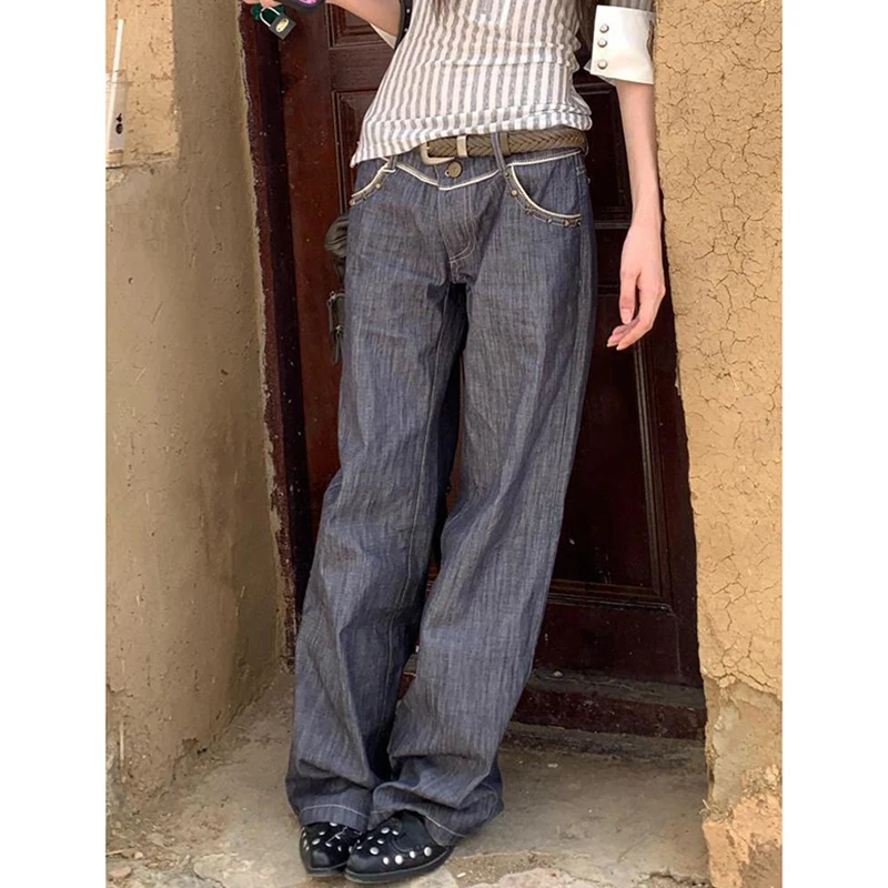 Y2K Blue Jeans for Women High Waist American Wide Leg Pants Vintage Straight Baggy Denim Trousers 2025 Autumn Oversize Pants