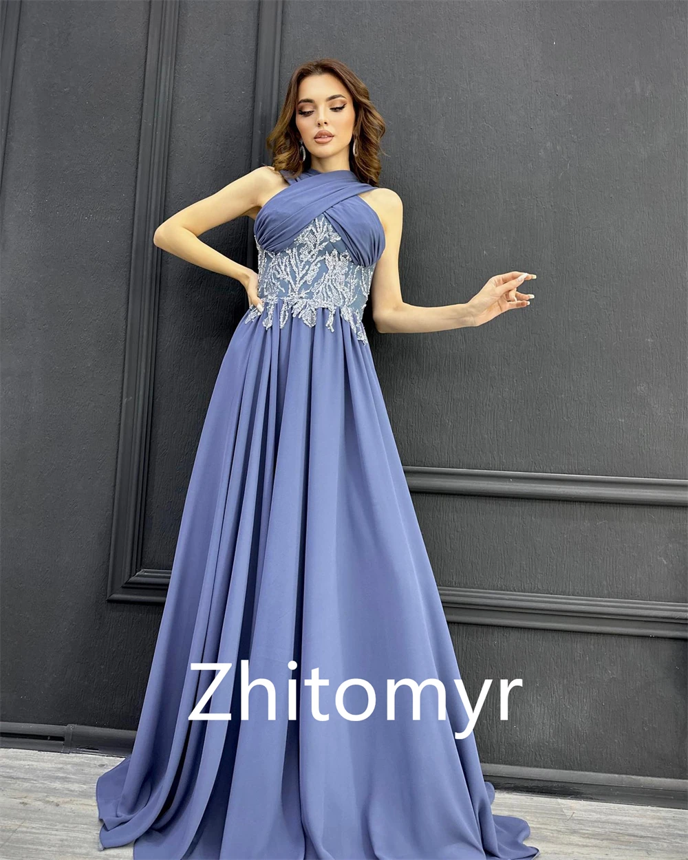 Prom Dress Evening Saudi Arabia Jersey Pattern Ruched Prom A-line Halter Bespoke Occasion Gown Long Dresses