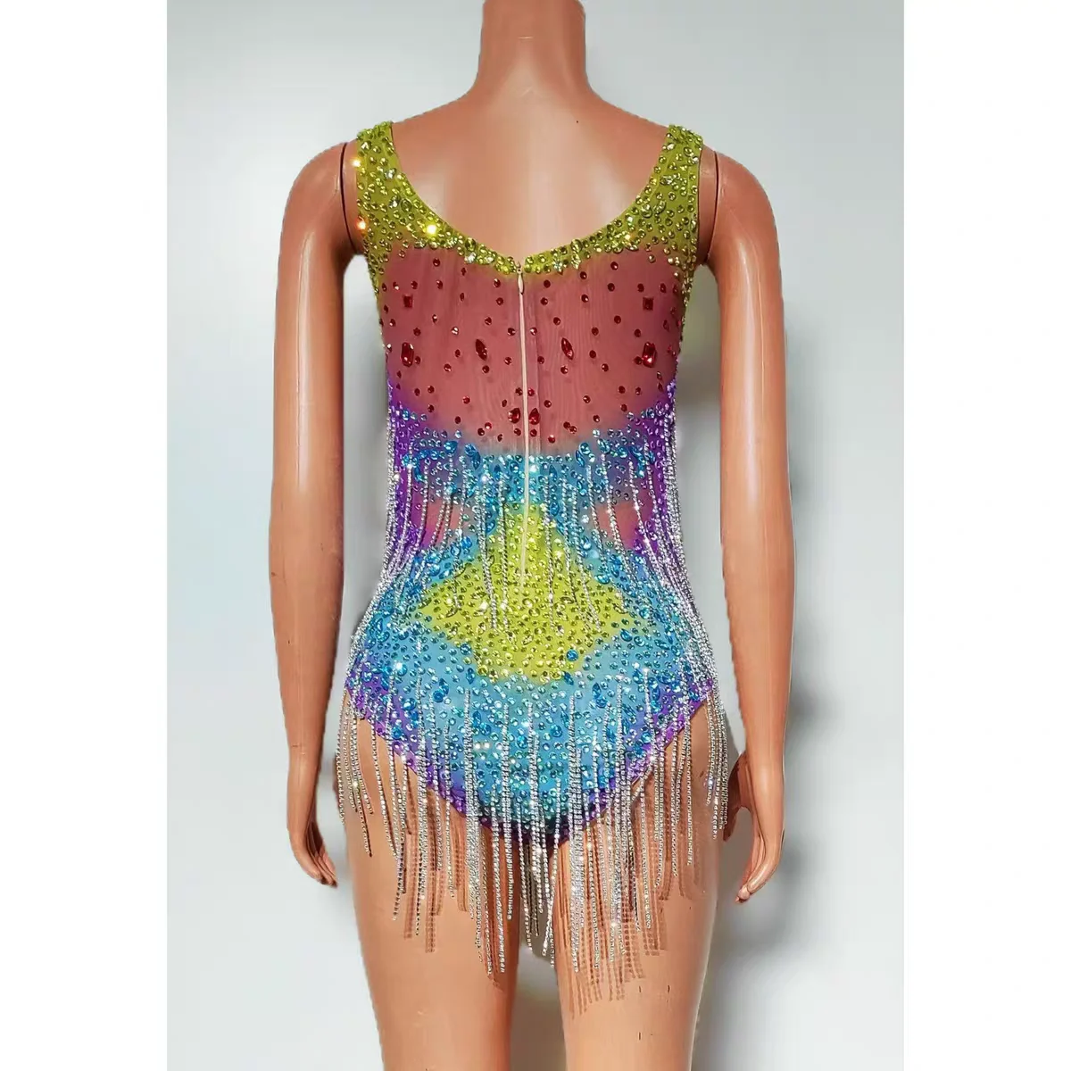 Nightclub DJ Bar Female Singer Stage Performance Costume Sexy Colorful Full Diamond Tassel jumpsuit Dance Team Party Theme Show