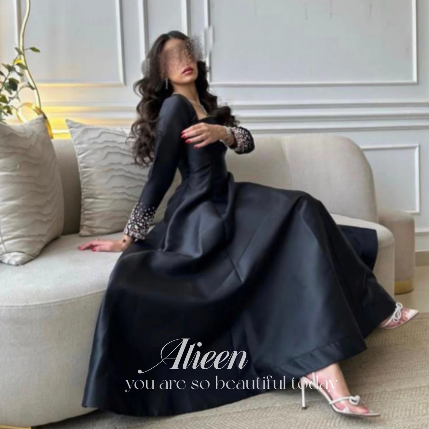 Formal Occasion Dresses Black Satin Saudi Arabia Women\'s Prom Dresses Crystals Long Sleeves Ankle Length Evening Party Gowns