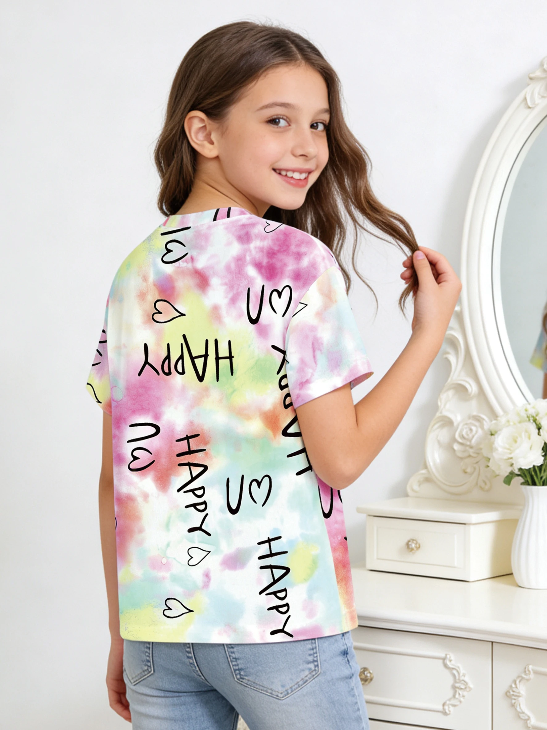 2026 girls color tie-dye HAPPY letter love full print short-sleeved T-shirt, children's fun round neck casual top summer wear