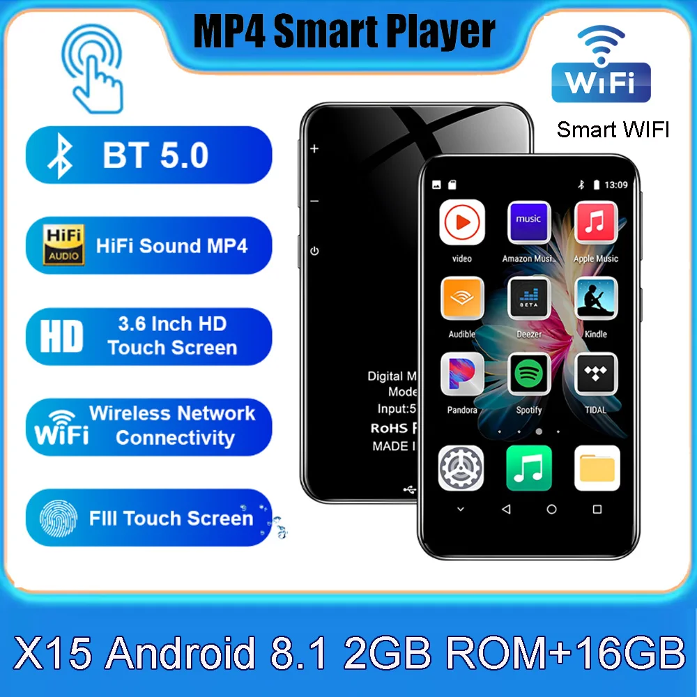 Full Touch Screen MP3 MP4 Music Players 3.6 inch Bluetooth 5.0 WiFi MP3 Players With Spotify Android 8.1 Streaming HiFi Sound