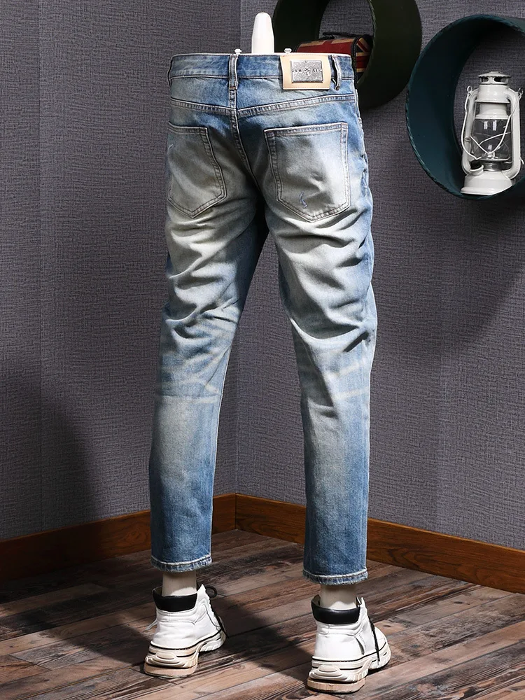 

Высококачественные тонкие винтажные укороченные джинсы на весну и лето, мужская уличная одежда, модные модные рваные эластичные маленькие прямые брюки