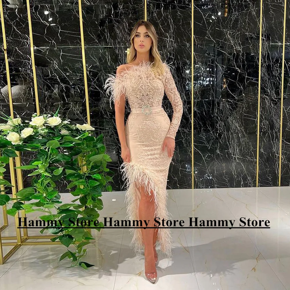 Champagne Lace Memaid Evening Dress Customized Long Sleeve Applique Ankle Length Belt Robe De Soiree Feathers Prom Party Gown