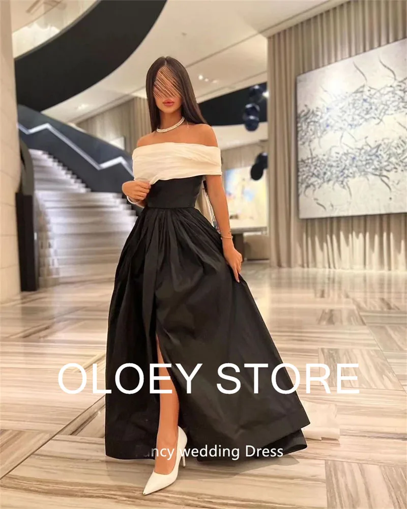 OLOEY Elegant สีขาวและสีดําชุดราตรีผู้หญิงดูไบอาระเบีย Taffeta แยกปิดไหล่ชุดราตรี Vestidos De Novia ที่กําหนดเอง