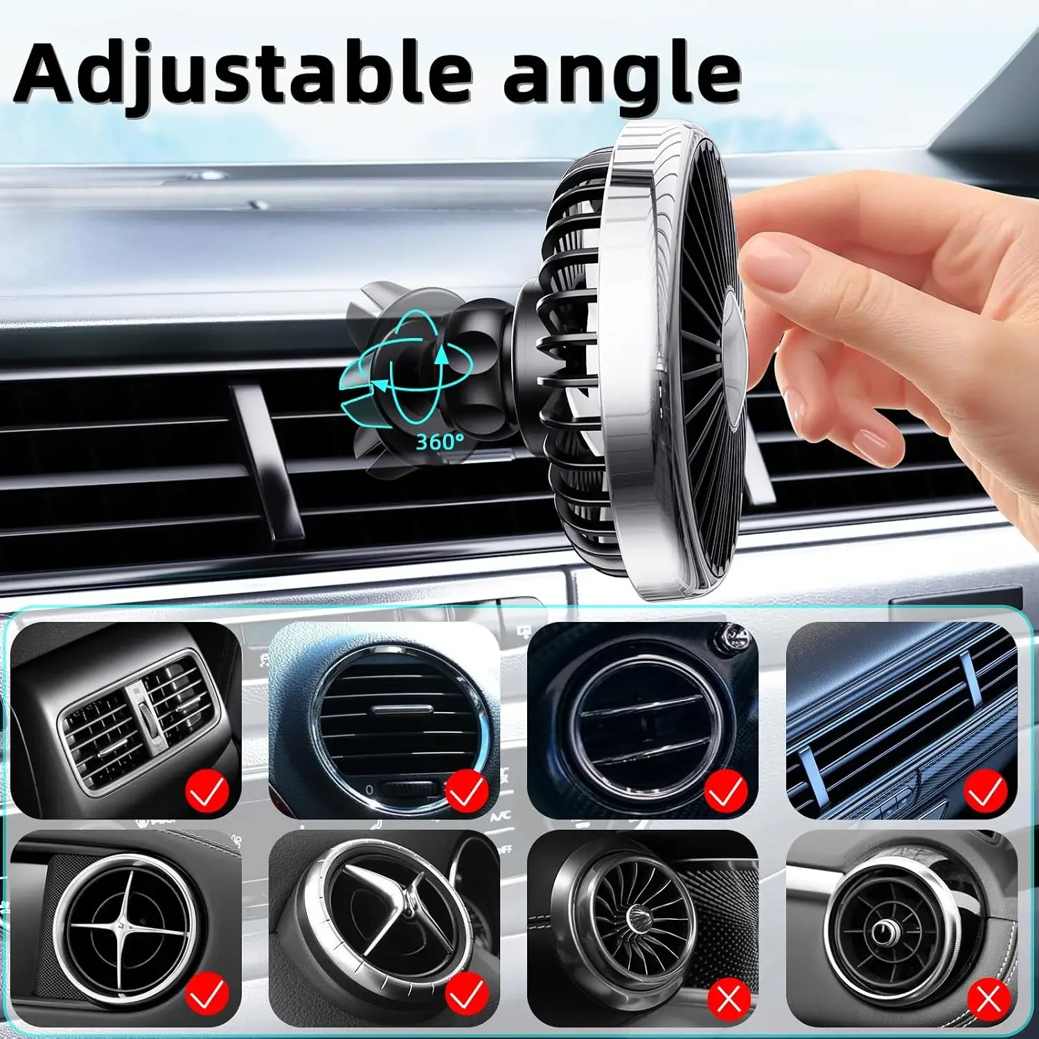 Portable Car Fans Mount Universal Air Vent Clip Lighting Air Outlet Plug-In Cooling Fan with 360° Rotatable 3 Speeds Wind