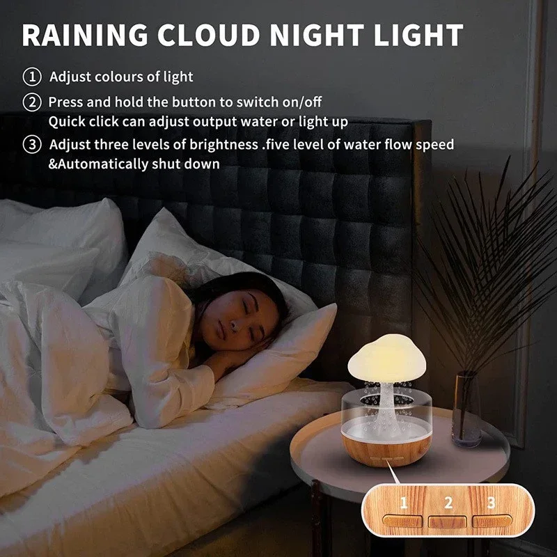 Cloud Humidifier Rain Colorful Mushroom Raindrop Sleep Aid  Atmosphere Lamp Night Light Essential Oil Humidifier Room Desktop