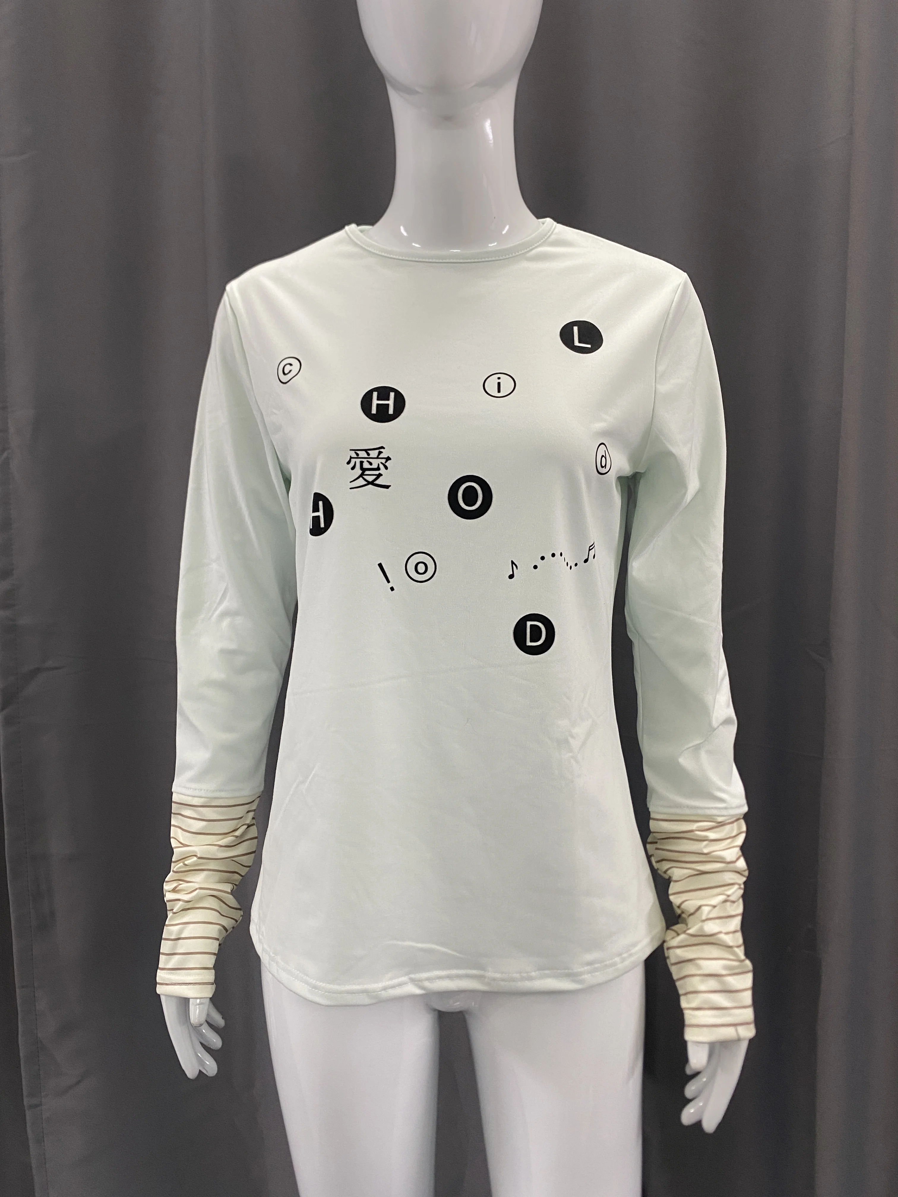 Women Fake Two Piece Crew Neck Long Sleeve T-shirt, Fun Letter Chinese Character & Musical Note Print, Striped Cuff Casual Base
