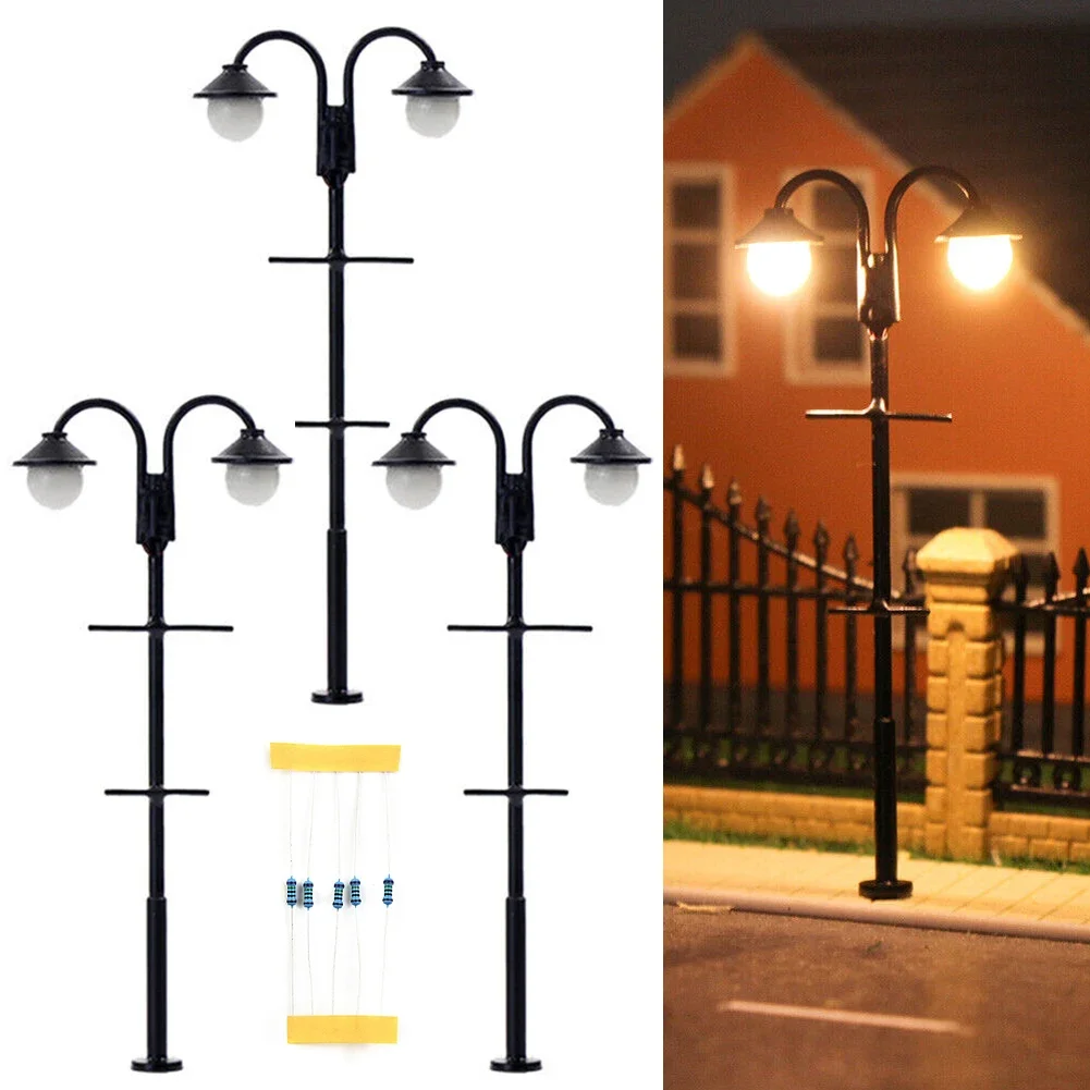 3Pcs 1:87 Track H0 LED Two Lights Parking Lanterns Lamp Lamps 65mm 3V Street Lamp Lighting Single Head Train Layout Toys