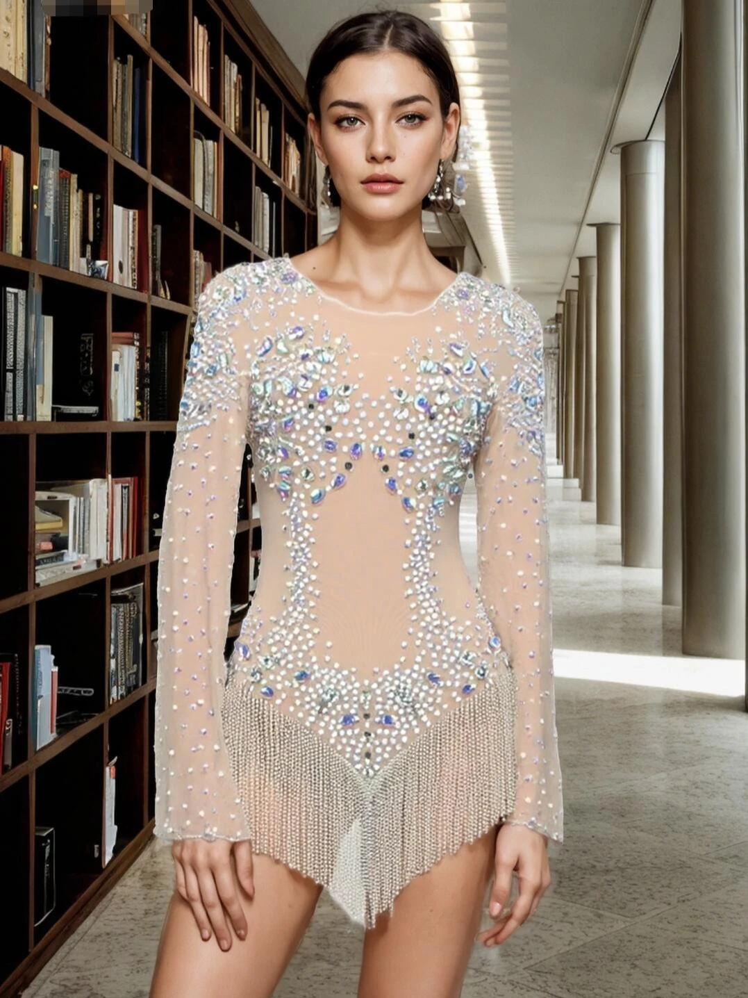 

Sexy Stretch Mesh Bodysuit - Singer Shiny Rhinestone Costume Luxury Evening Gowns Elegant Ball Gowns Formal Dress Women Elegant