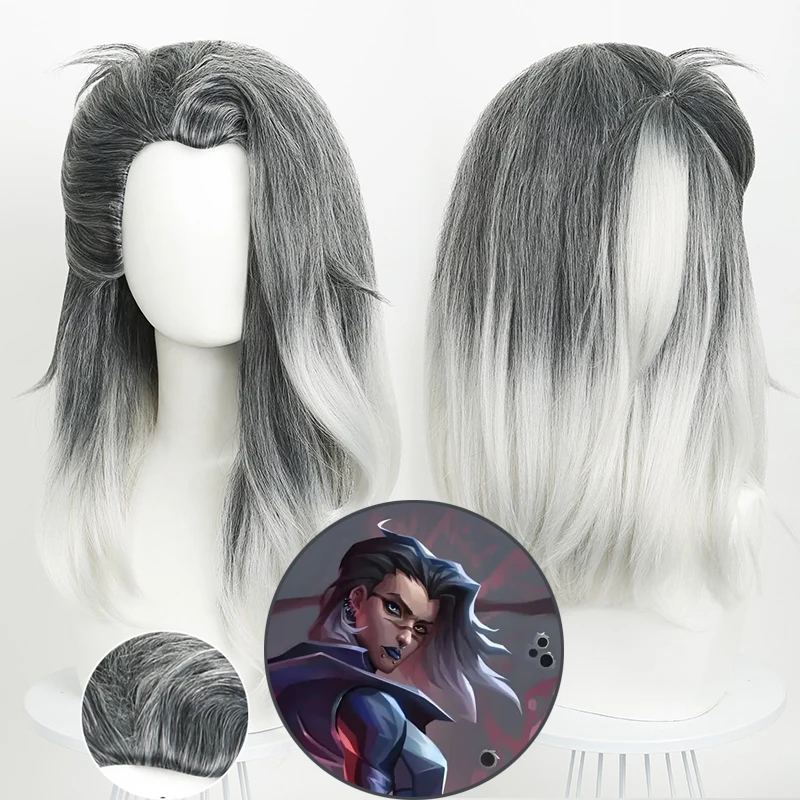 Peluca de Cosplay del Personaje Fade del Juego VALORANT, Cabello Gris Degradado a Blanco, Peluca de Anime de Alta Calidad, Cabello Sintético, Peluca para Fiestas de Halloween