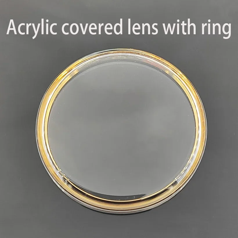 إكسسوارات الساعة خاتم ذهبي على شكل قوس دائري، خاتم فضي، غطاء مطاطي، مرآة ساعة أكريليك، مقاس 21-35 ملم مع عدسة ساعة حلقية