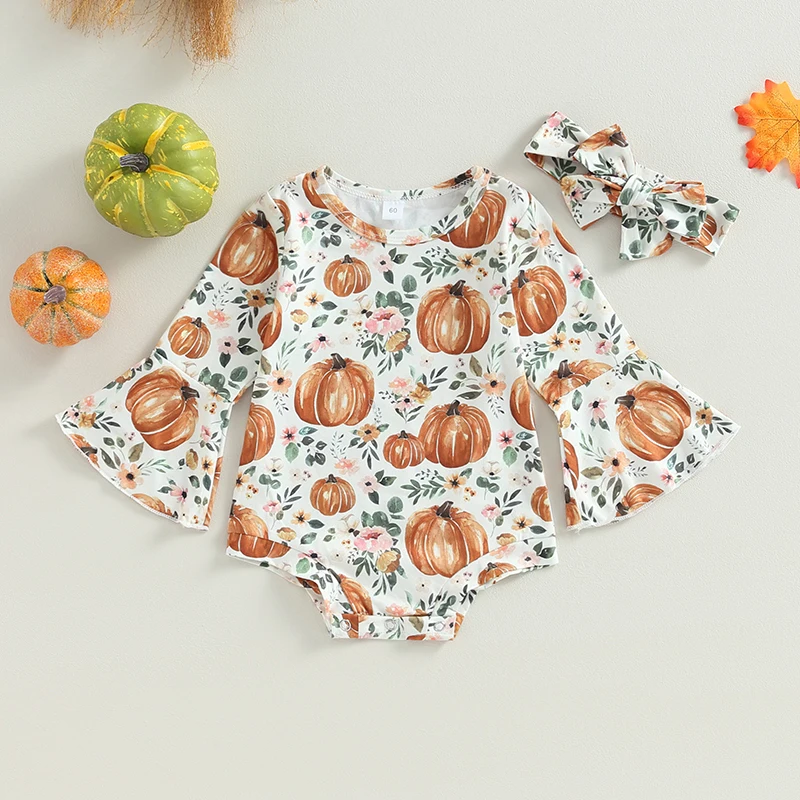 

0-12Months Baby Girls Bodysuits Halloween Clothes Flower Pumpkin Print Flare Long Sleeve Jumpsuits Fall Rompers with Headband