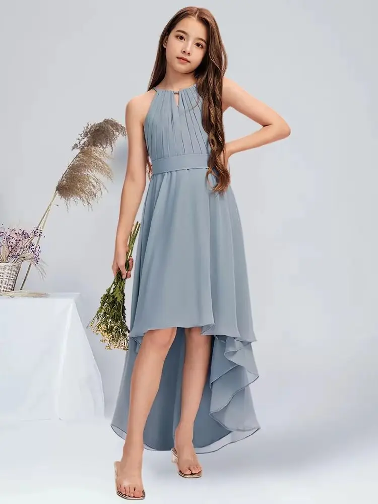WS Kids Halter Asymmetrical Chiffon Junior Bridesmaid Dress With Pleated Dusty Blue Flower Girl Dress Party Wedding Kids Summer