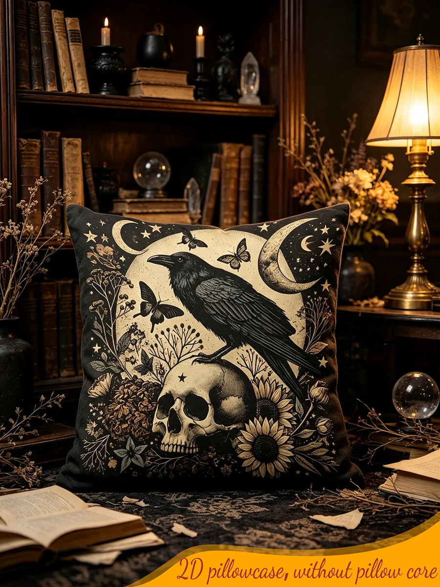 1PC Digital Print Pillow Cover Gothic Crow Skull Moon Butterfly Flower Halloween Decorative Throw Pillow Sofa Couch Home Decor