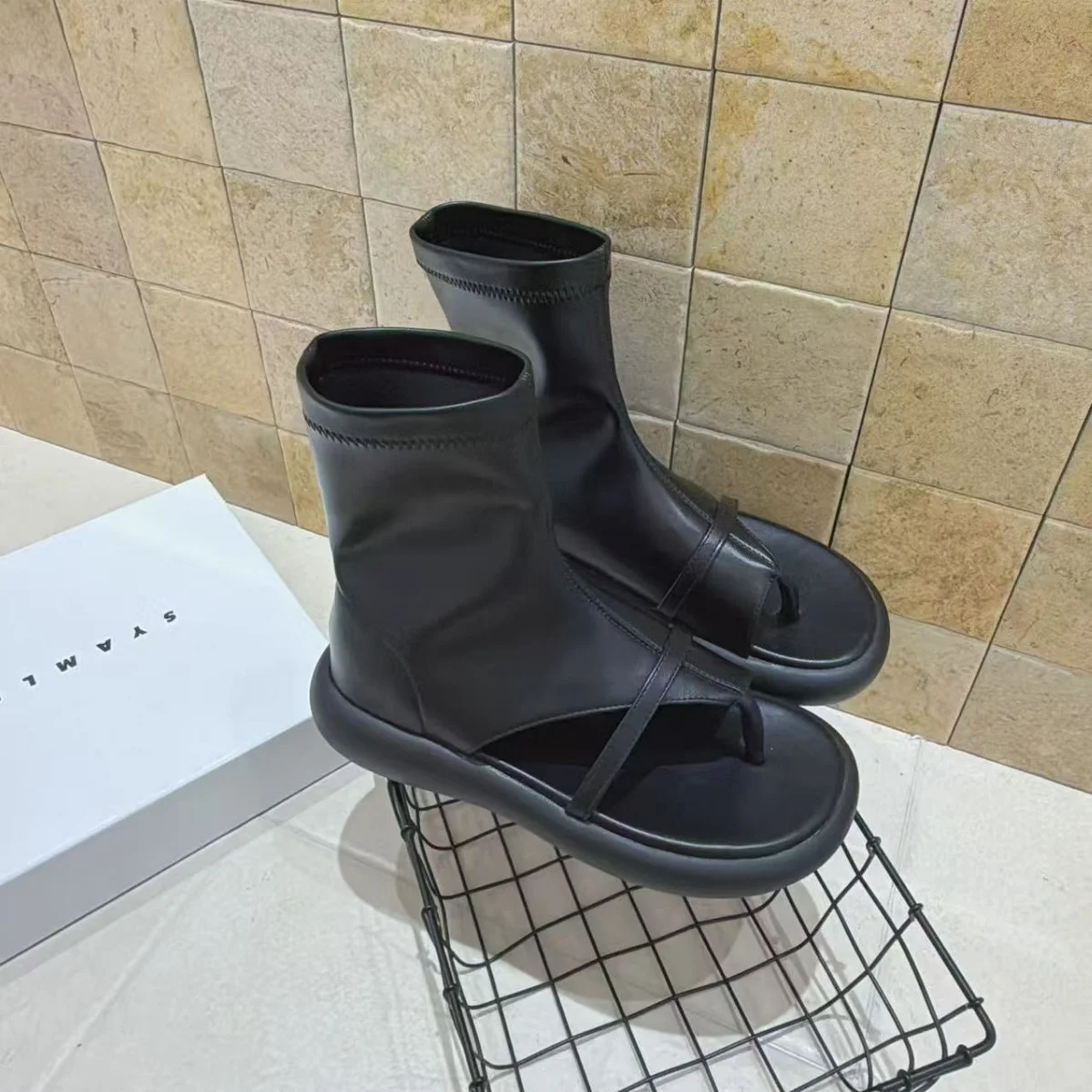 women's-high-top-slip-on-sandals-thick-heel-roman-style-fashionable-summer-new-spicy-girl-slim-short-boots-versatile-cool-boots