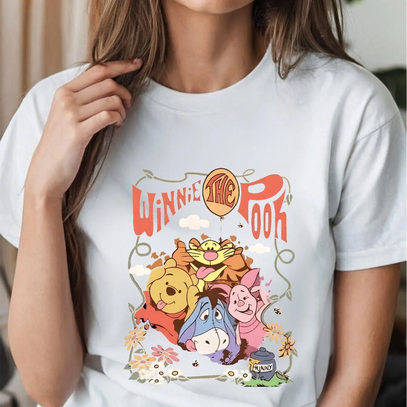 Camiseta de manga corta para mujer de Disney Winnie The Pooh & Friends - Camiseta negra 100% algodón con lindos personajes de dibujos animados